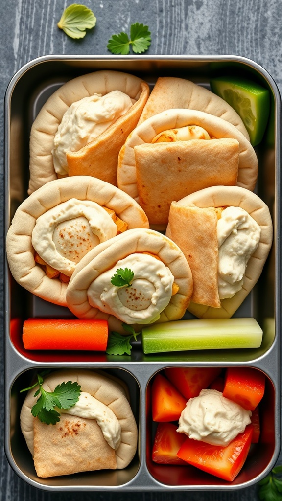 Mini pita pockets filled with hummus and fresh vegetables, served in a lunchbox.