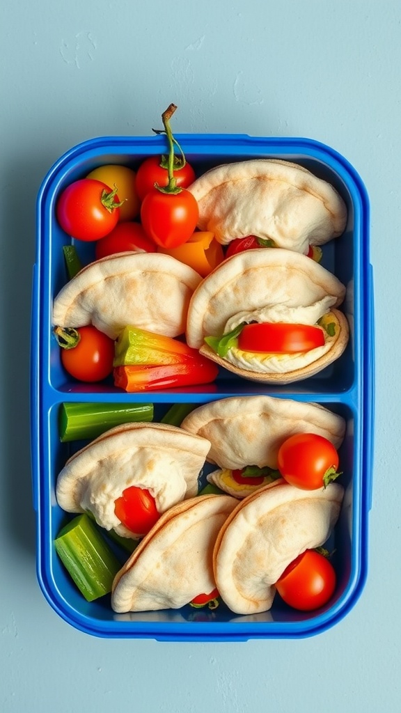 Mini pita pockets filled with hummus and colorful vegetables
