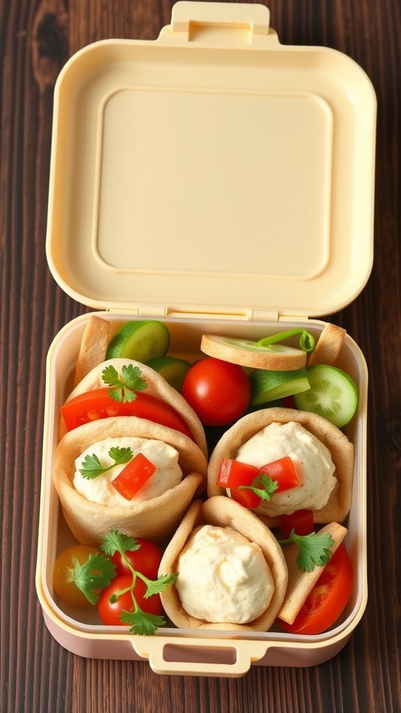 Mini pita pockets filled with hummus and fresh vegetables in a lunchbox