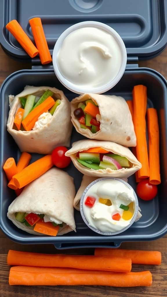 Mini pita pockets filled with colorful vegetables and hummus
