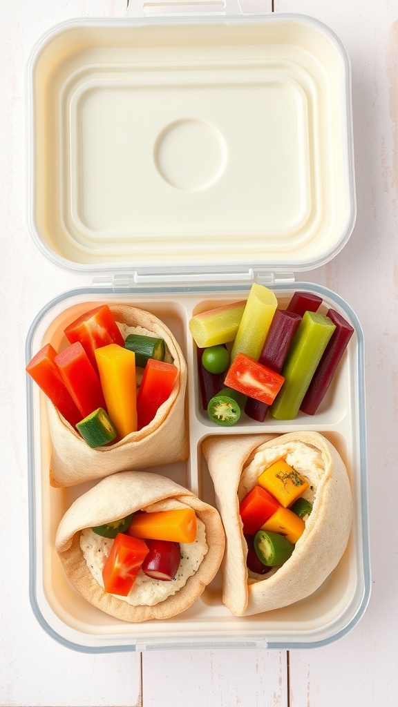Mini pita pockets filled with hummus and assorted colorful vegetables.