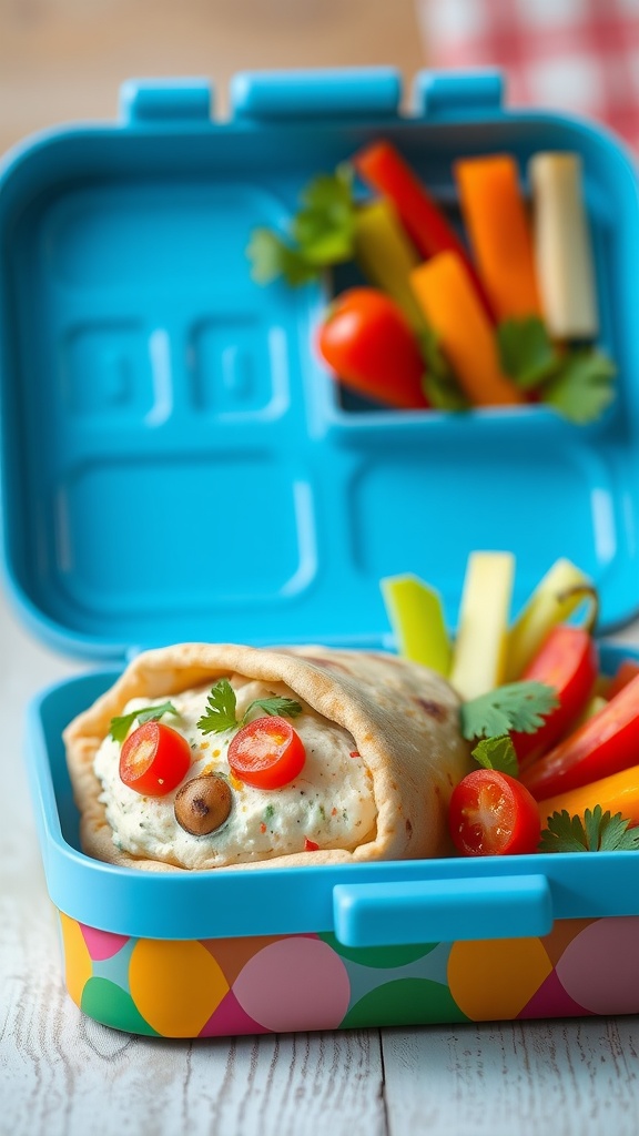Mini pita pockets filled with hummus and fresh vegetables, perfect for a healthy lunch.