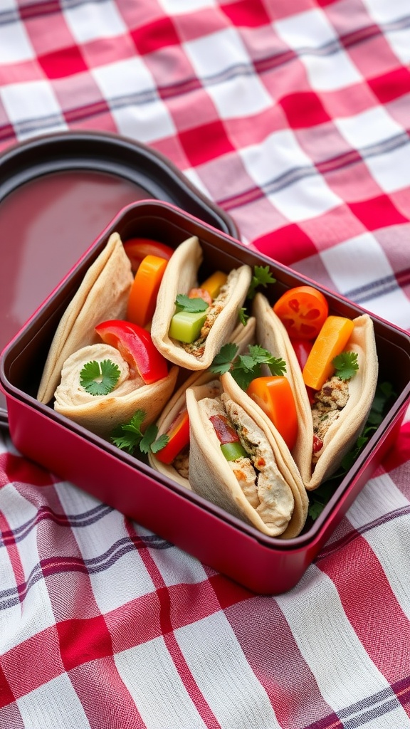 Mini pita pockets filled with hummus and assorted vegetables, perfect for a lunchbox.