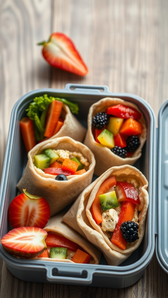 Mini pita pockets filled with hummus and colorful vegetables for a kid-friendly lunch.