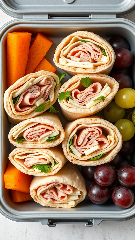 Mini pita pockets filled with turkey and cheese, surrounded by fresh veggies.