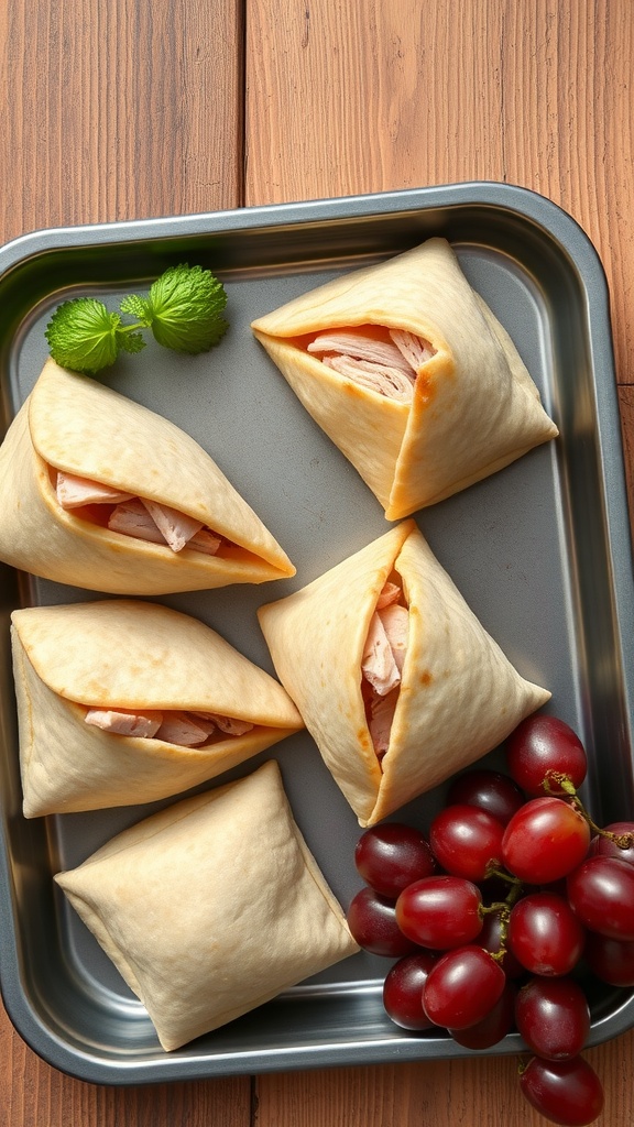 Mini pita pockets filled with turkey and cheese on a tray