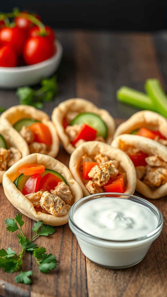 Mini pita pockets filled with chicken, vegetables, and tzatziki sauce on a wooden surface.