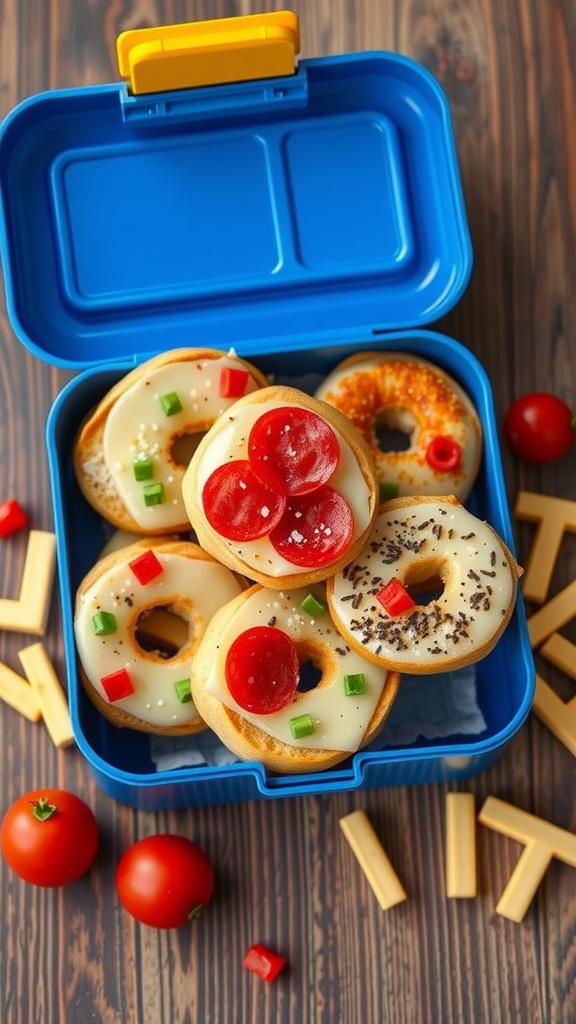 Mini pizza bagels in a blue lunchbox with colorful toppings.