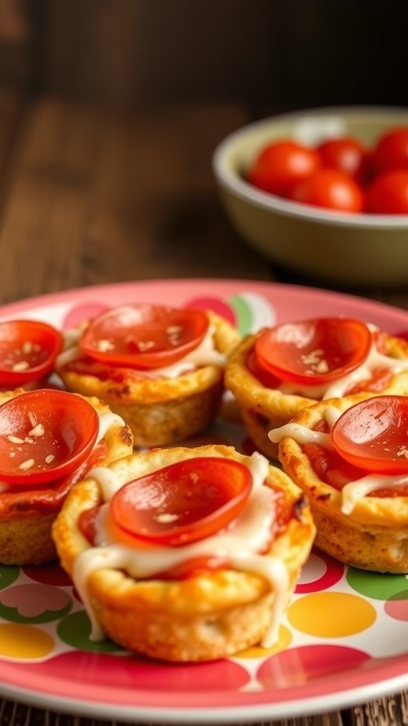 A plate of mini pizza muffins topped with pepperoni slices.