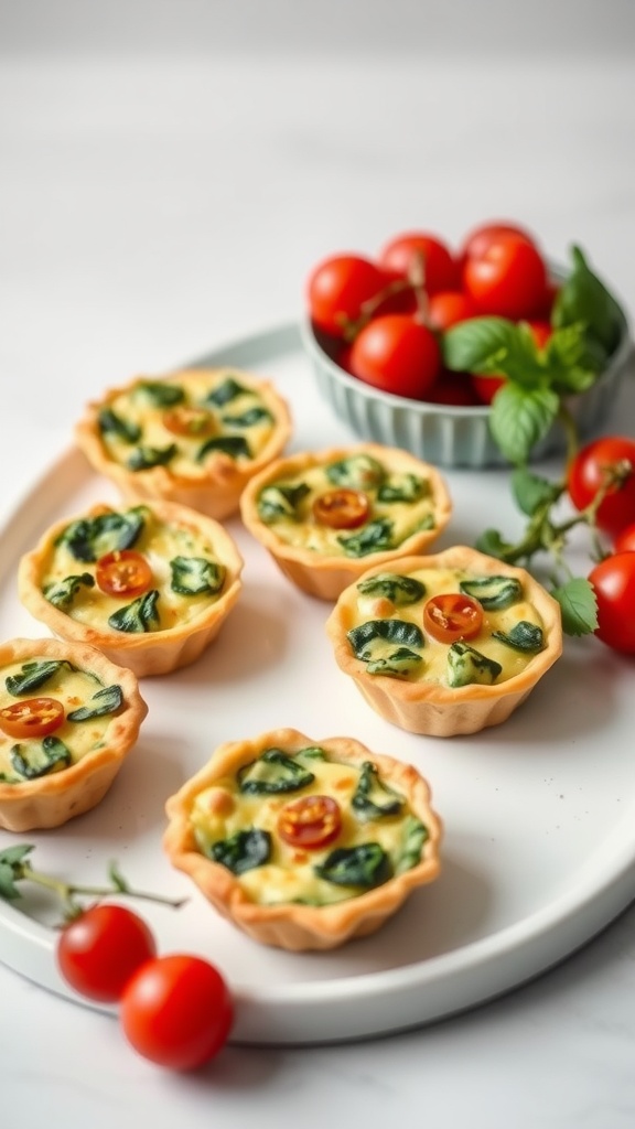 Mini quiche with spinach and cheese arranged on a plate with cherry tomatoes on the side.