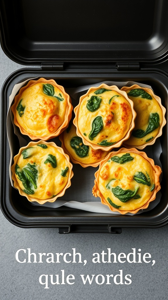 Mini quiches with spinach and cheese in a black lunch container