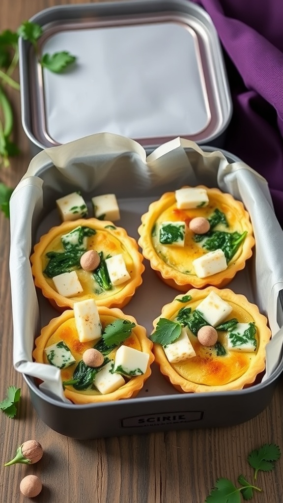 Mini quiches with spinach and feta in a lunchbox.