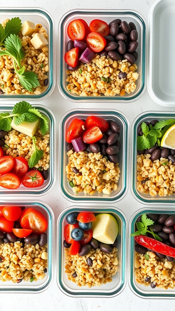 Colorful mini quinoa and black bean bowls in meal prep containers