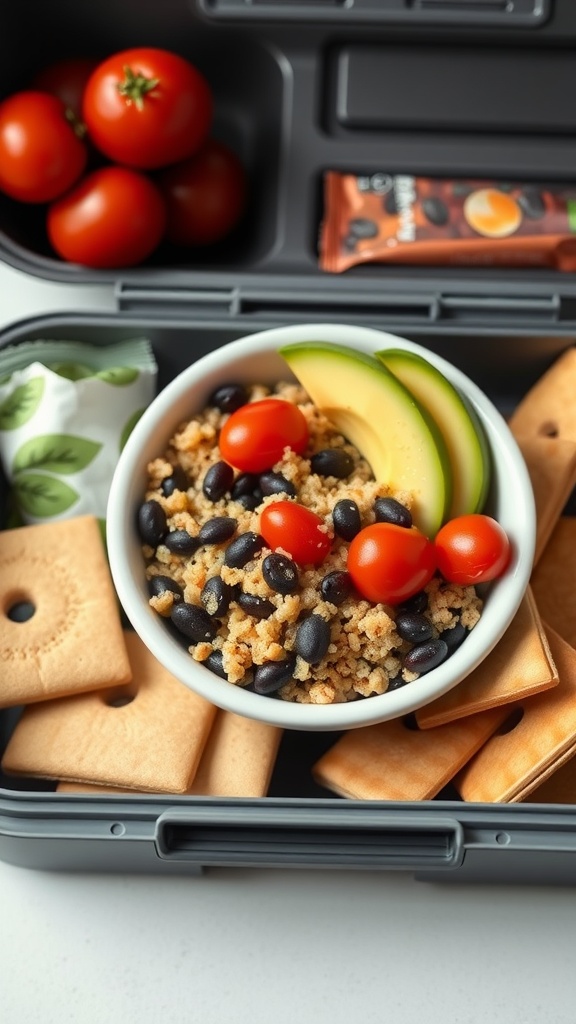 A healthy mini quinoa and black bean salad with cherry tomatoes and avocado