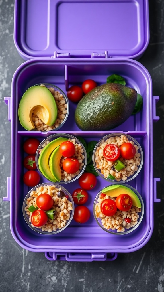 Mini quinoa salad bowls in a lunchbox.