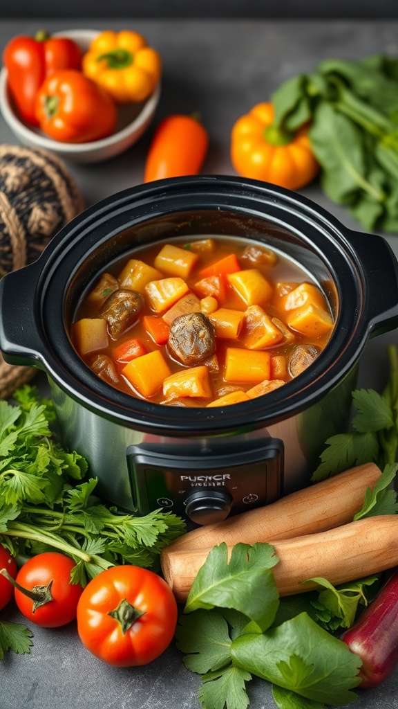 A hearty vegetable stew cooking in a mini slow cooker surrounded by fresh vegetables.