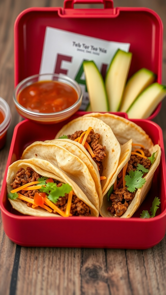 Mini tacos with salsa in a lunchbox