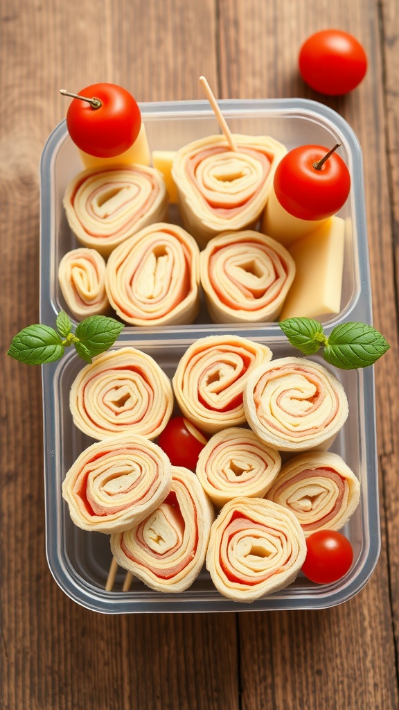 Mini turkey and cheese roll-ups with cherry tomatoes and herbs