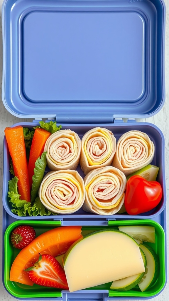 Mini turkey and cheese roll-ups with colorful vegetables in a lunchbox.