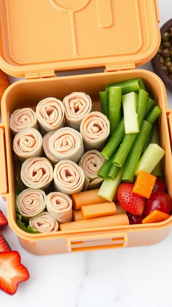 Mini Turkey and Cheese Roll-Ups in a lunchbox with veggies