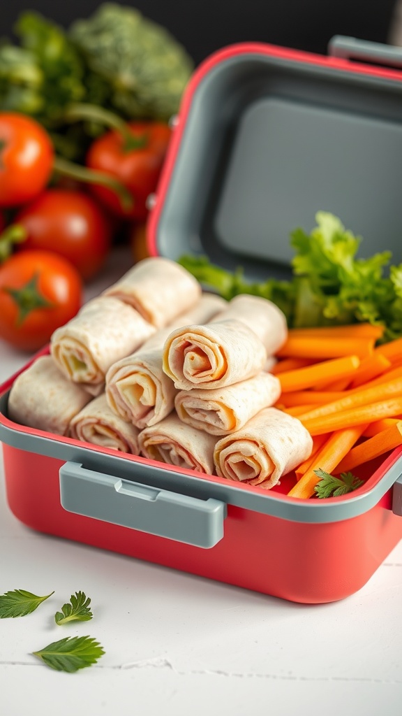 A lunchbox filled with mini turkey and cheese roll-ups and fresh vegetables.