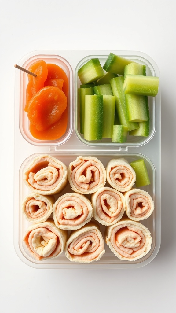 A lunchbox containing mini turkey and cheese roll-ups, celery sticks, and peach slices.