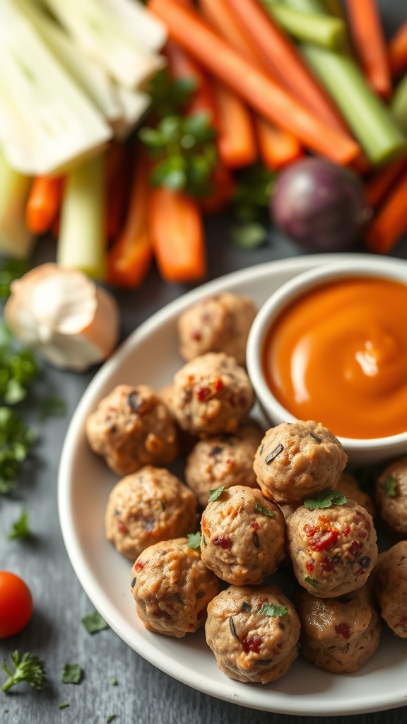 Mini turkey meatballs on a plate with dipping sauce and veggie sticks