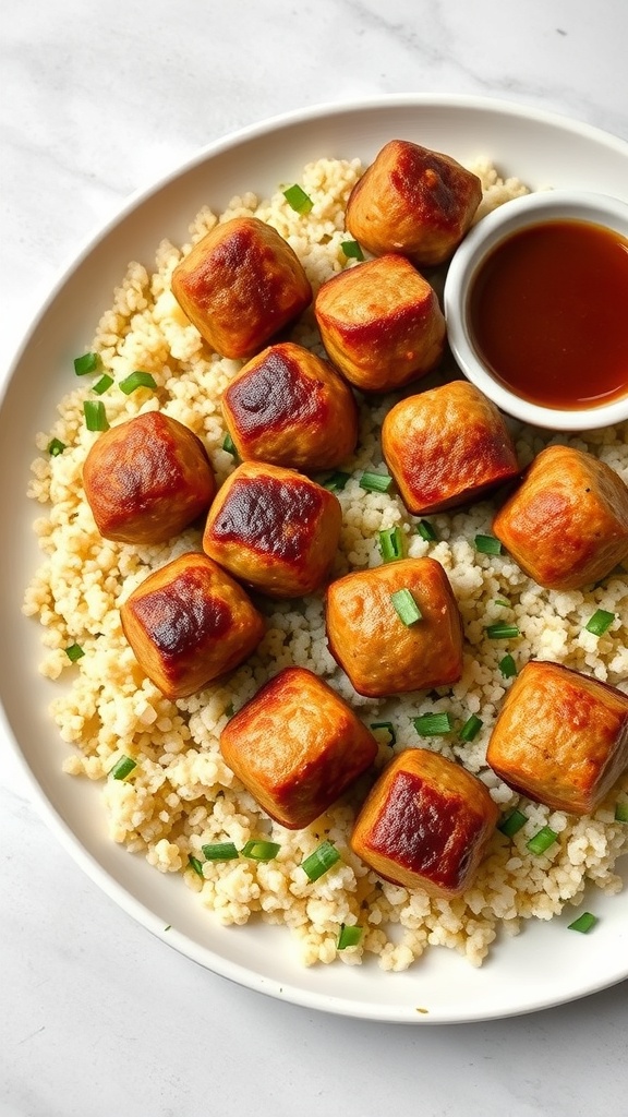 Mini turkey meatballs served on quinoa with dipping sauce