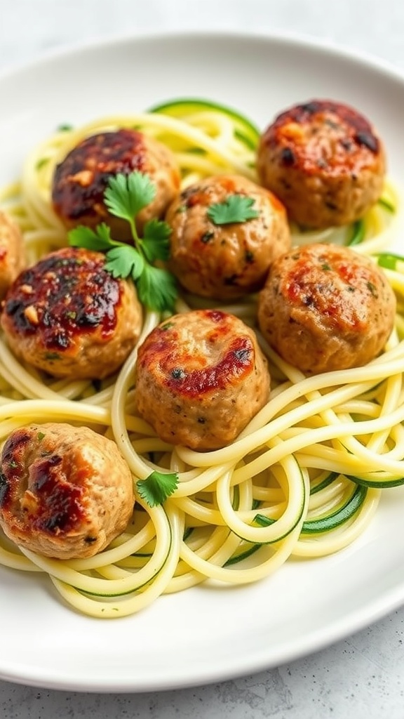 Mini turkey meatballs served on zucchini noodles.
