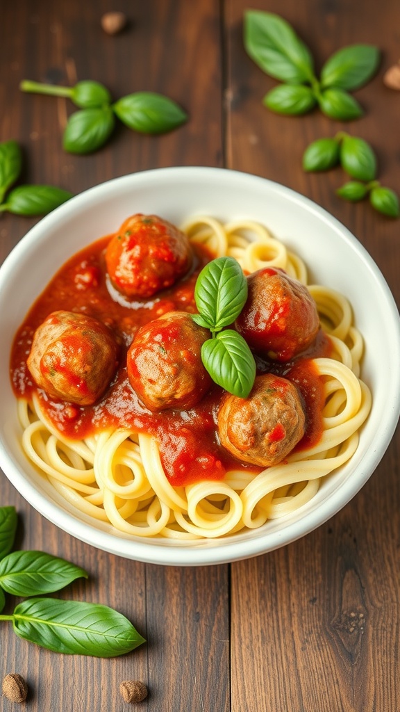 A bowl of mini turkey meatballs served on zucchini noodles with marinara sauce and fresh basil.