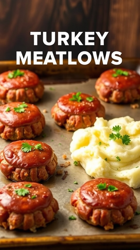 A wooden cutting board with mini turkey meatloaves and mashed potatoes.