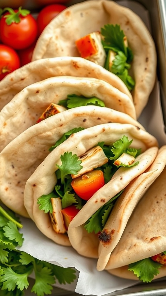 Mini whole wheat pita pockets filled with veggies and protein.