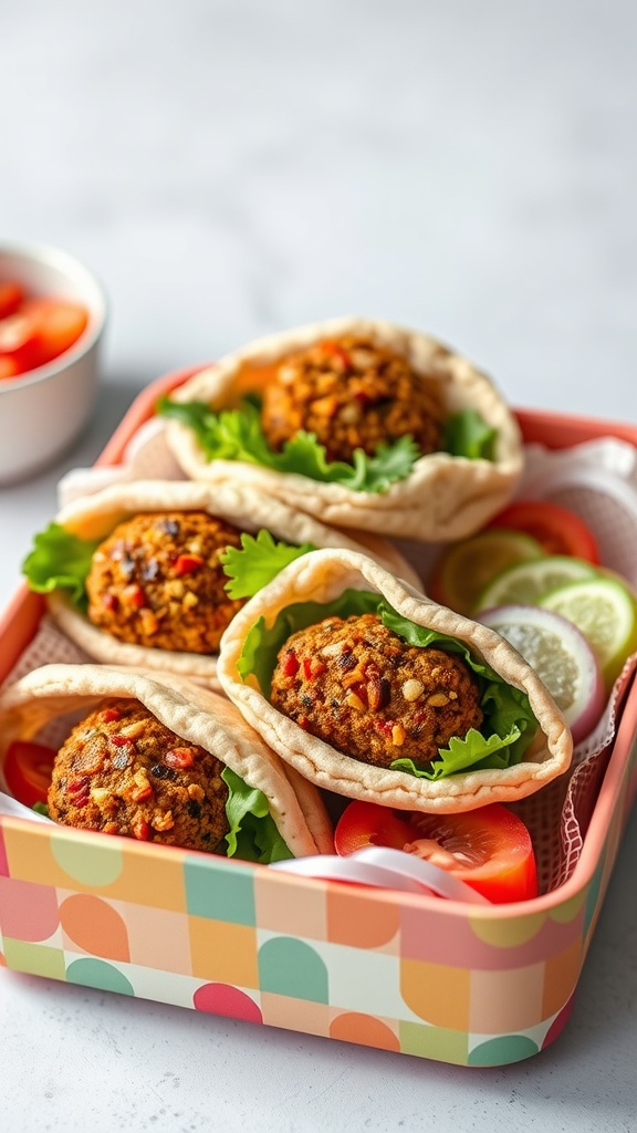Mini whole wheat pita pockets with falafel, lettuce, and tomatoes.