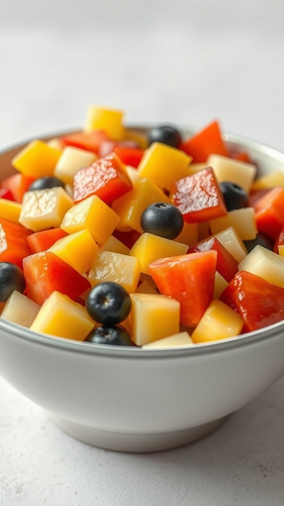A colorful bowl of diced fruits including watermelon, pineapple, strawberries, and blueberries.