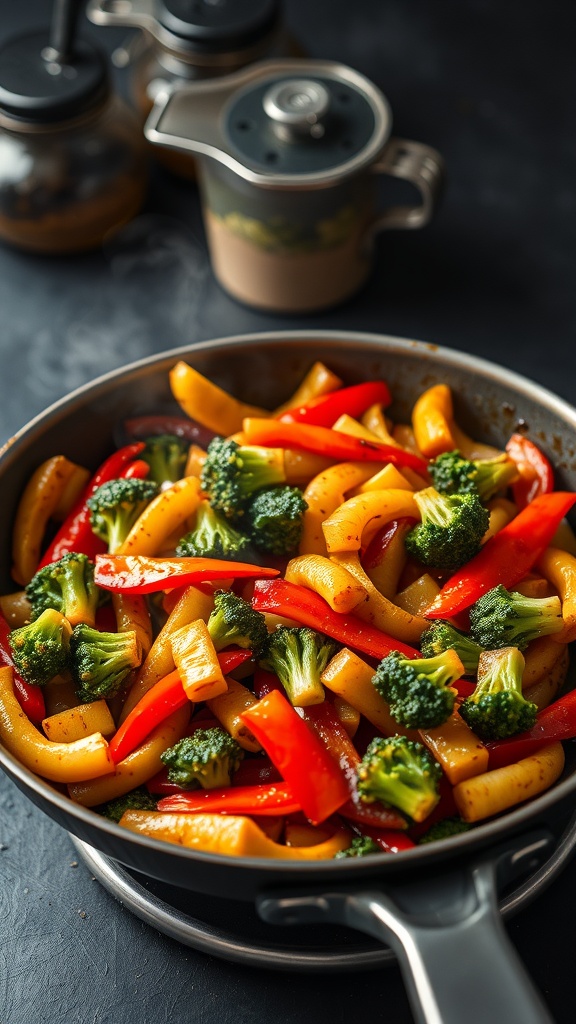 A colorful vegetable stir-fry with broccoli and bell peppers in a skillet.