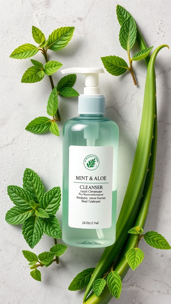 A bottle of mint and aloe facial cleanser surrounded by fresh mint leaves and aloe vera