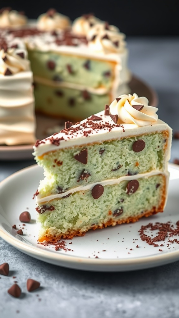 Mint Chocolate Chip Icebox Cake slice on a plate
