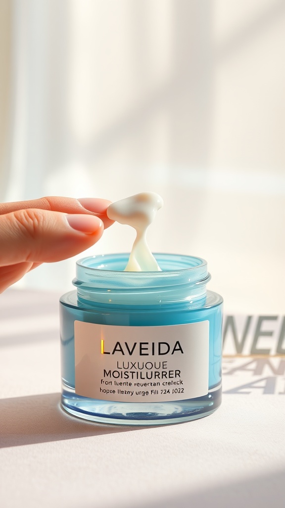 A hand scooping moisturizer from a jar, with a blurred background creating a soft light effect.