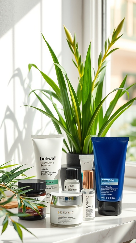 A selection of skincare moisturizers displayed alongside a green plant.