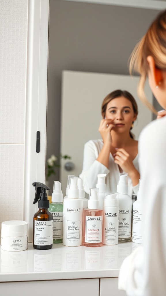 A woman applying skincare products in front of a mirror, with various moisturizers displayed on the counter.