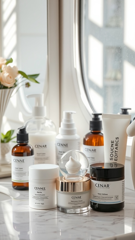 A collection of skincare products arranged on a countertop, including moisturizers and serums, with soft lighting and a plant in the background.