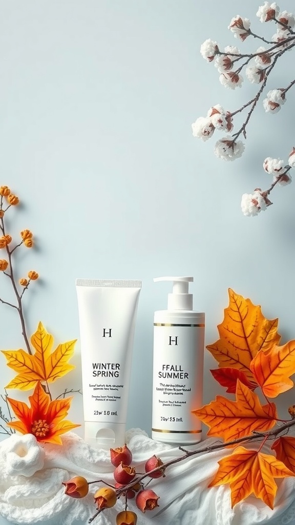 Two skincare products labeled Winter/Spring and Fall/Summer surrounded by autumn leaves and soft textures.