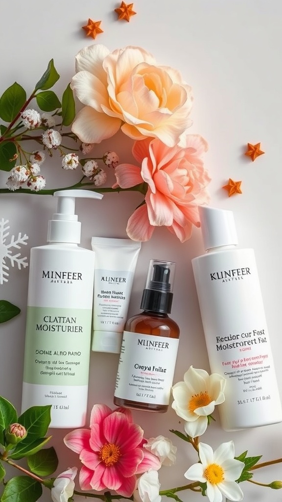 An assortment of moisturizers arranged with flowers and decorative elements, representing seasonal skincare.