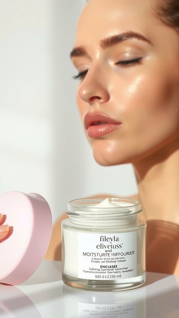 A close-up of a glowing model with closed eyes next to a jar of moisturizer, highlighting the importance of moisturizers for skincare.