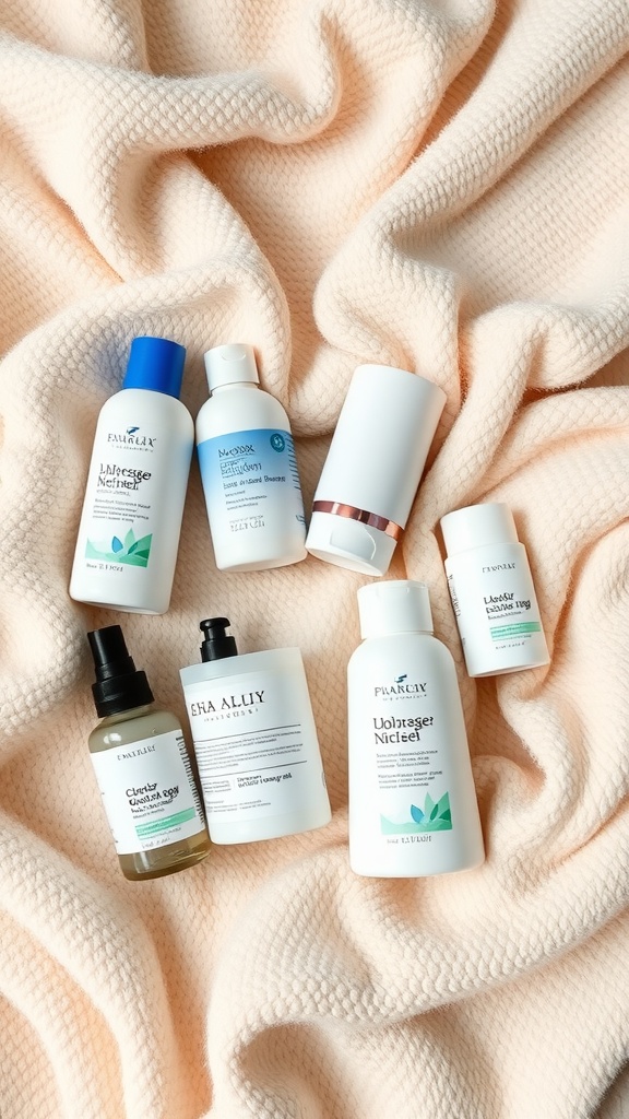 Various skincare moisturizers for sensitive skin on a soft blanket.