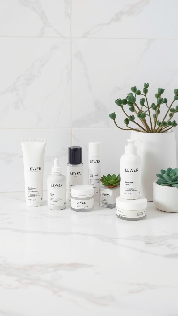 A variety of skincare products on a marble surface, showcasing moisturizers and serums.