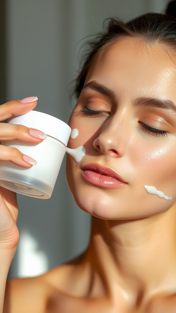 A woman applying moisturizer to her face, emphasizing skincare and hydration.