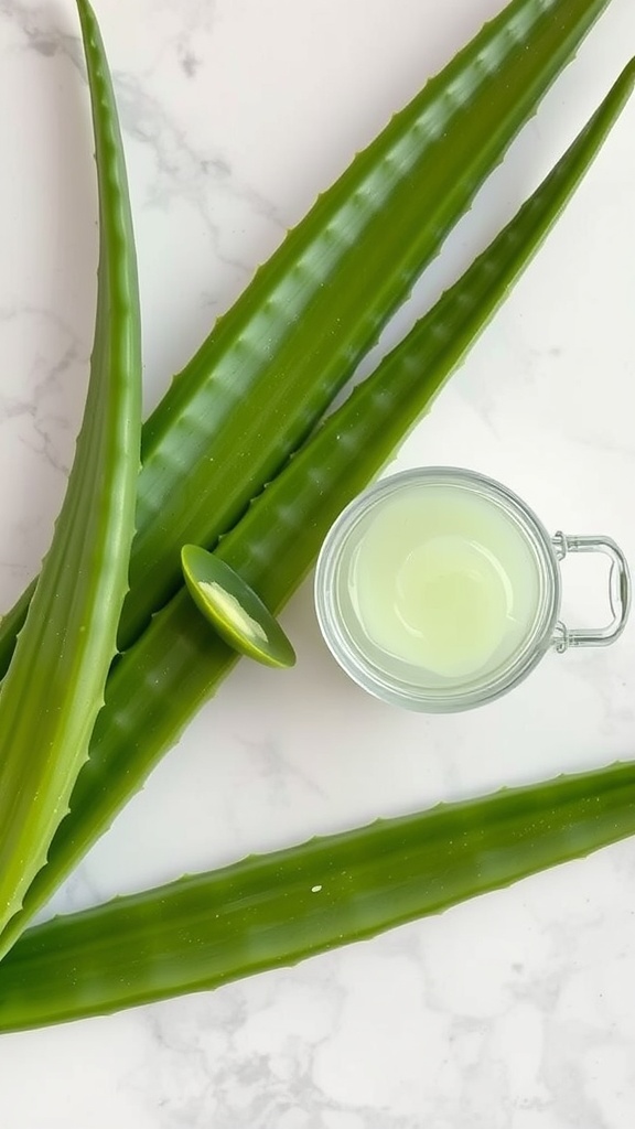 Fresh aloe vera leaves and a jar of homemade aloe vera gel