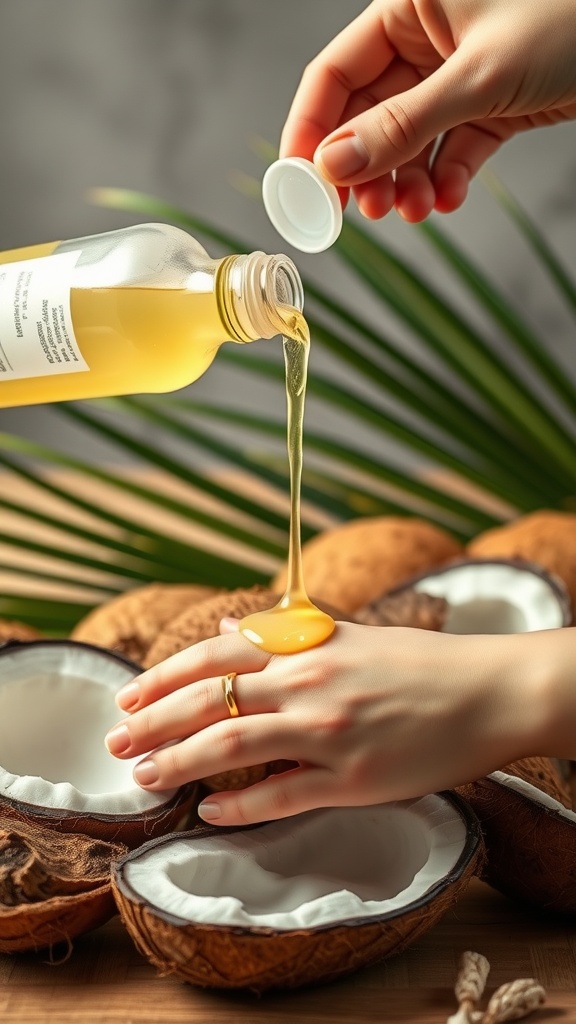 A hand pouring coconut oil onto another hand with coconut shells in the background and a palm leaf.