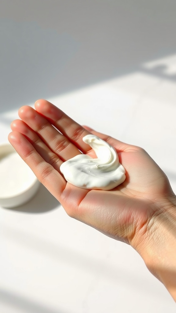 A hand holding a creamy moisturizer with a soft texture